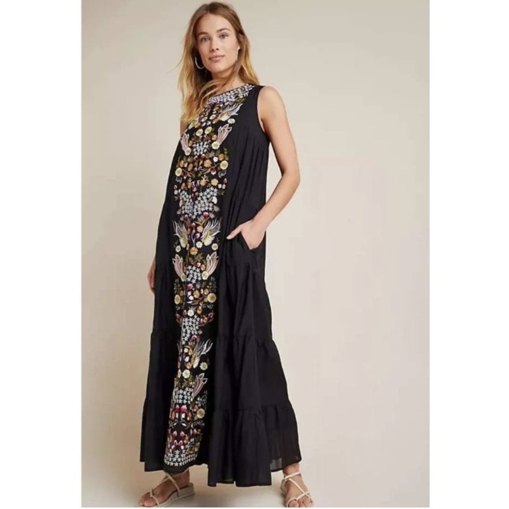 Samant Chauhan Anthropologie Black Embroidered Bird Floral Tiered Maxi Dress 0